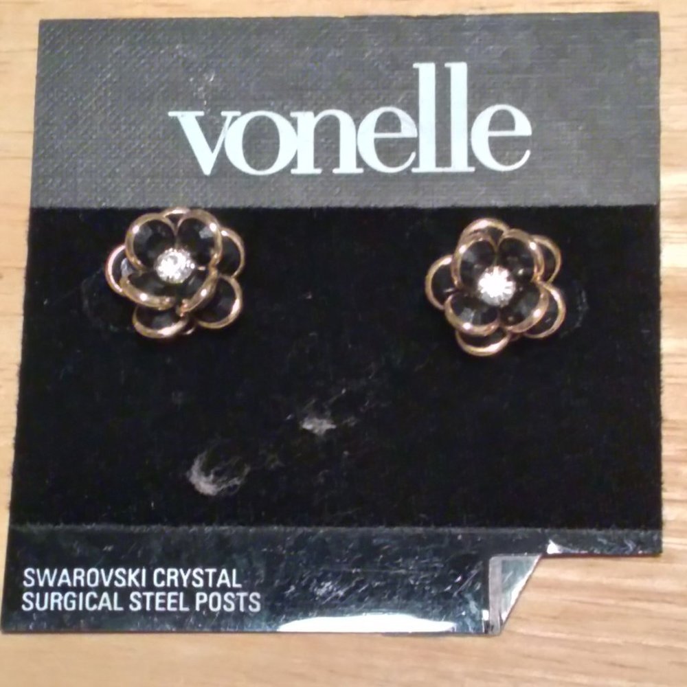 Vintage 1980s Vonelle Swarovski Crystal Earrings Black Flowers New on Card